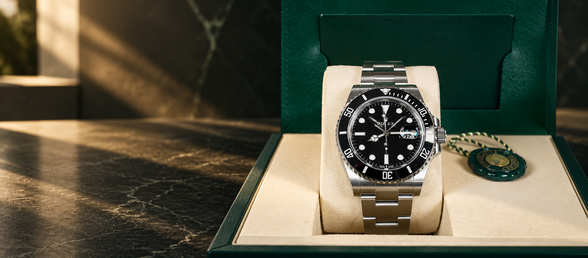 Rolex Submariner Date 126610LN with black dial, black ceramic bezel and Oyster bracelet in a green presentation box against a warm architectural background