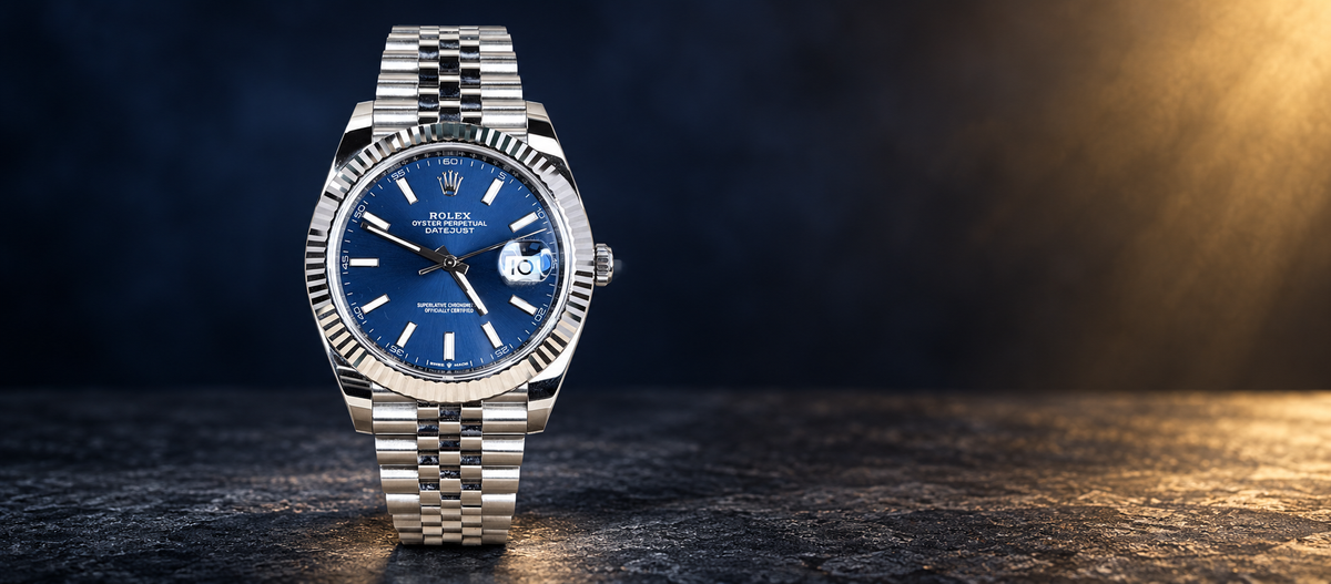 Rolex Datejust 41 reference 126334 with blue dial, fluted bezel and Jubilee bracelet on a blue-and-gold background
