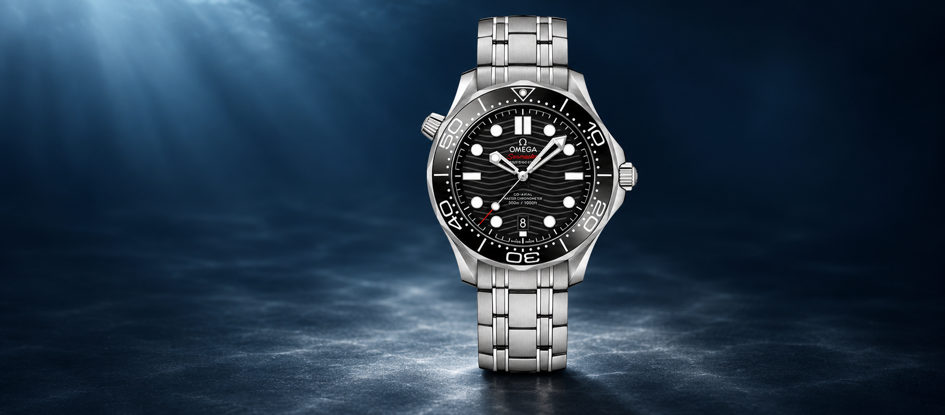 Omega Seamaster Diver 300M 210.30.42.20.01.001 black dial on steel bracelet against a navy background