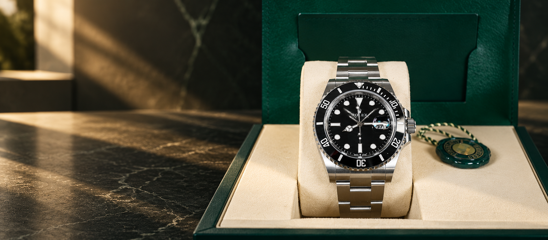 Rolex Submariner Date 126610LN with black dial, black ceramic bezel and Oyster bracelet in a green presentation box against a warm architectural background