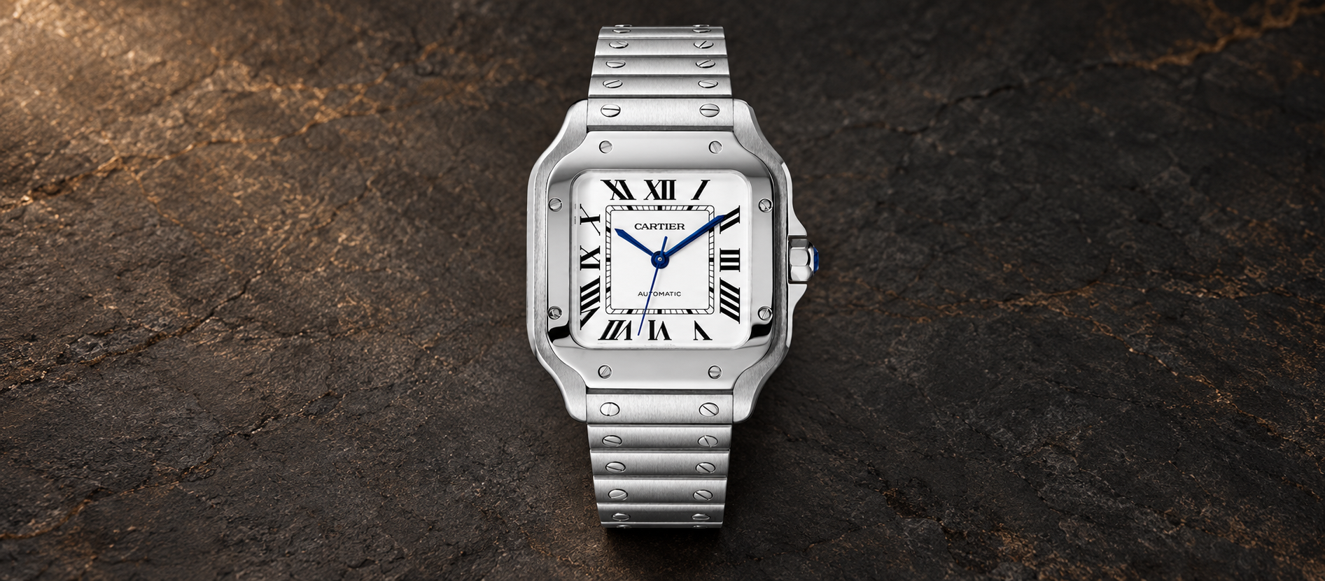 Cartier Santos de Cartier Medium WSSA0029 with silvered dial, blue hands and steel bracelet against a dark stone background