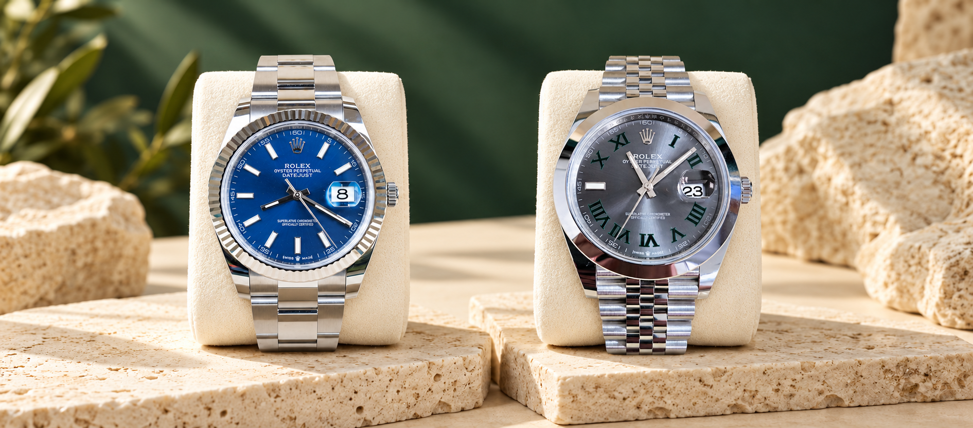 Rolex Datejust 41 126334 with blue dial and fluted bezel beside 126300 with slate Roman dial and smooth bezel