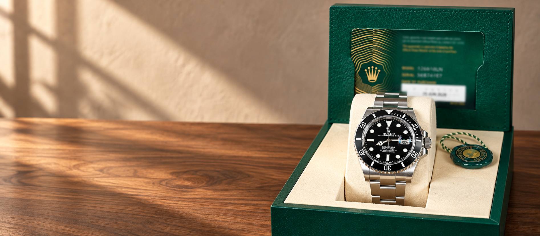 Rolex Submariner Date 126610LN on its cushion in a green presentation box with warranty card and green seal, against a warm walnut background.