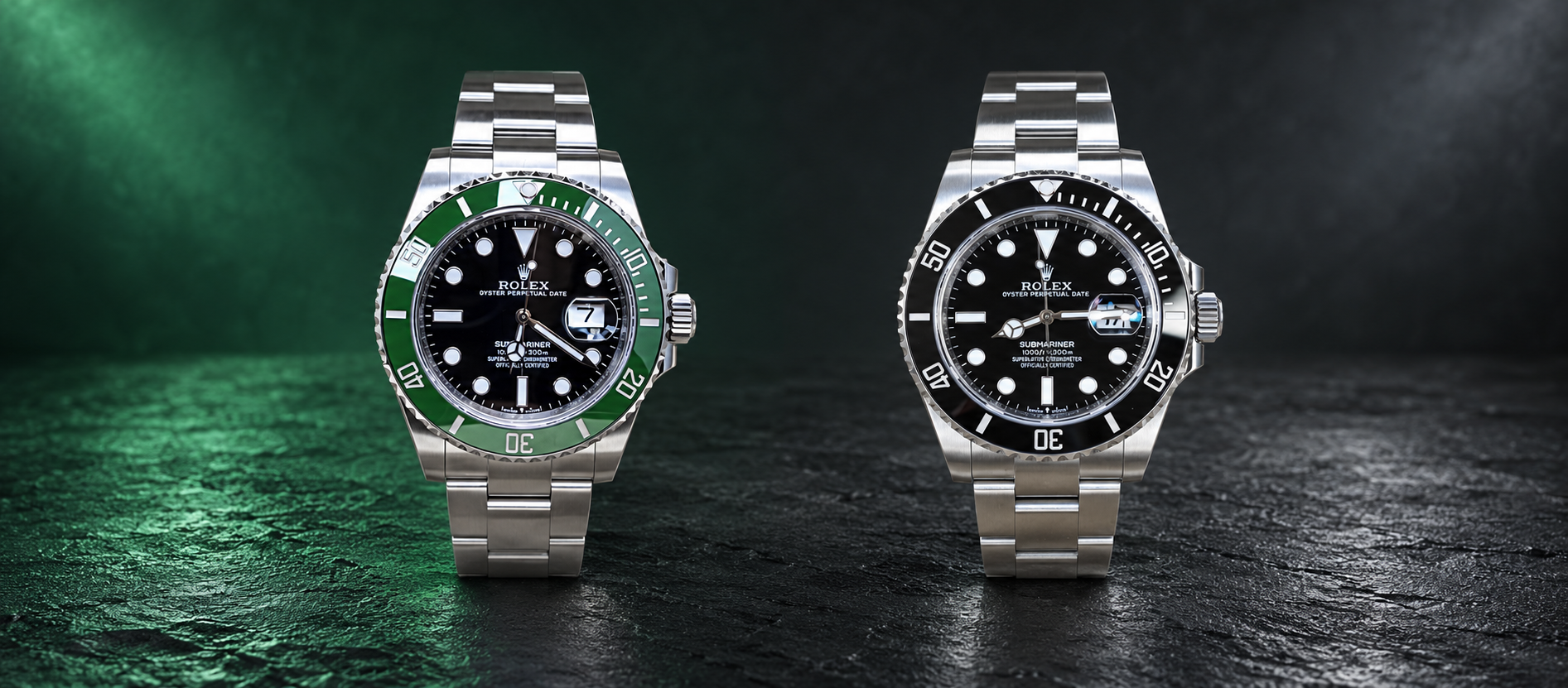 Rolex Submariner Date 126610LV with green bezel beside 126610LN with black bezel