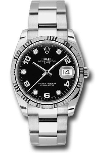 Rolex 115234 Date 34 Fluted Bezel - Black Five Diamond Dial - bkdo