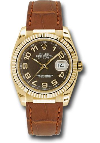 Rolex Datejust 116138 Yellow Gold 36 Fluted Bezel - Brown Arabic Dial - Brown Leather - brab