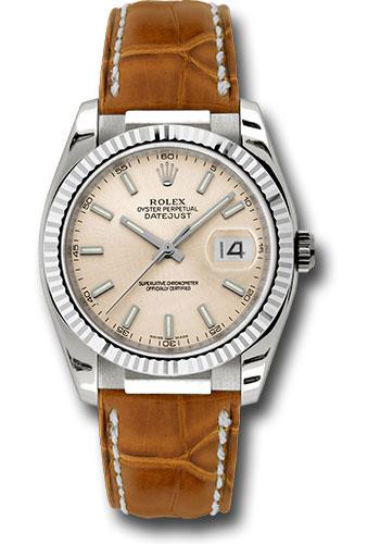 Rolex Datejust 116139 White Gold 36 Fluted Bezel - Pink Index Dial - Brown Leather - psb
