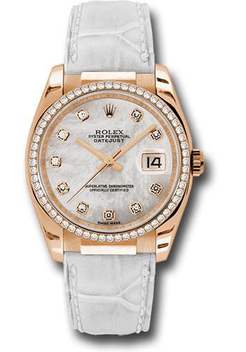 Rolex Datejust 116185 Pink Gold 36 60 Diamond Bezel - Mother-Of-Pearl Diamond Dial - White Leather - mdw