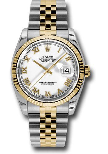 Rolex Datejust 116233 Steel and Yellow Gold Rolesor 36 Fluted Bezel - White Roman Dial - Jubilee Bracelet - wrj