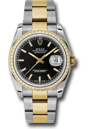 Rolex Datejust 116243 Steel and Yellow Gold Rolesor 36 52 Diamond Bezel - Black Index Dial - Oyster Bracelet - bkio