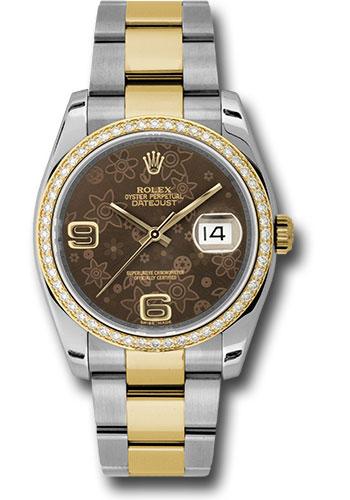 Rolex Datejust 116243 Steel and Yellow Gold Rolesor 36 52 Diamond Bezel - Brown Floral Arabic Dial - Oyster Bracelet - brfao