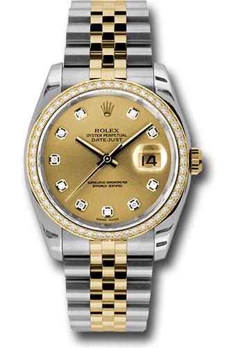 Rolex Datejust 116243 Steel and Yellow Gold Rolesor 36 52 Brilliant-Cut Diamond Bezel - Champagne Diamond Dial - Jubilee Bracelet - chdj