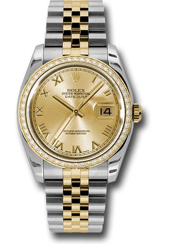 Rolex Datejust 116243 Steel and Yellow Gold Rolesor 36 52 Brilliant-Cut Diamond Bezel - Champagne Roman Dial - Jubilee Bracelet - chrj