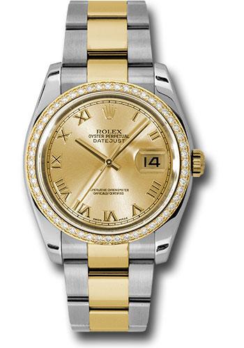 Rolex Datejust 116243 Steel and Yellow Gold Rolesor 36 52 Diamond Bezel - Champagne Roman Dial - Oyster Bracelet - chro