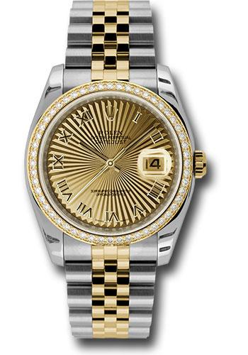 Rolex Datejust 116243 Steel and Yellow Gold Rolesor 36 52 Brilliant-Cut Diamond Bezel - Champagne Sunbeam Roman Dial - Jubilee Bracelet - chsbrj