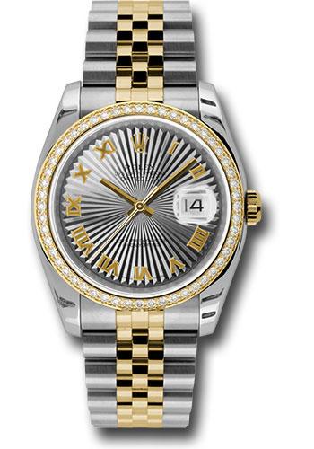 Rolex Datejust 116243 Steel and Yellow Gold Rolesor 36 52 Brilliant-Cut Diamond Bezel - Grey Sunbeam Roman Dial - Jubilee Bracelet - gsbrj