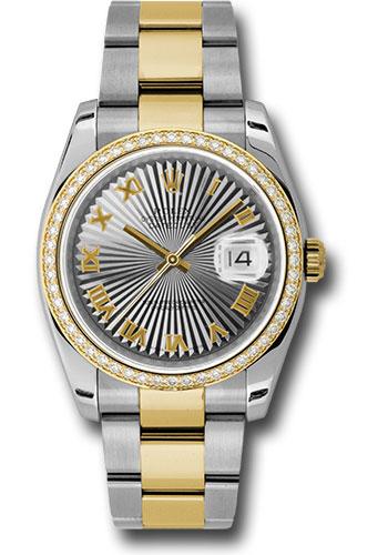 Rolex Datejust 116243 Steel and Yellow Gold Rolesor 36 52 Diamond Bezel - Grey Sunbeam Roman Dial - Oyster Bracelet - gsbro