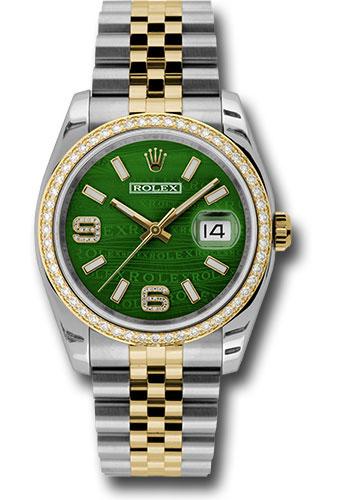Rolex Datejust 116243 Steel and Yellow Gold Rolesor 36 52 Brilliant-Cut Diamond Bezel - Green Wave Diamond Arabic 6 And 9 Dial - Jubilee Bracelet - gwdaj Main image