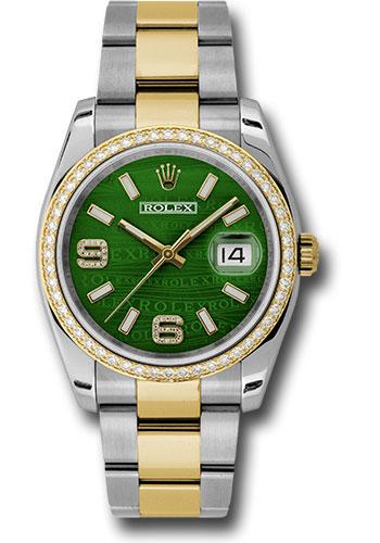 Rolex Datejust 116243 Steel and Yellow Gold Rolesor 36 52 Diamond Bezel - Green Wave Diamond Arabic 6 And 9 Dial - Oyster Bracelet - gwdao