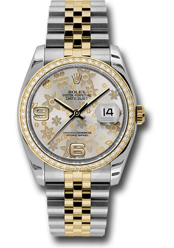 Rolex Datejust 116243 Steel and Yellow Gold Rolesor 36 52 Brilliant-Cut Diamond Bezel - Silver Floral Arabic Dial - Jubilee Bracelet - sfaj