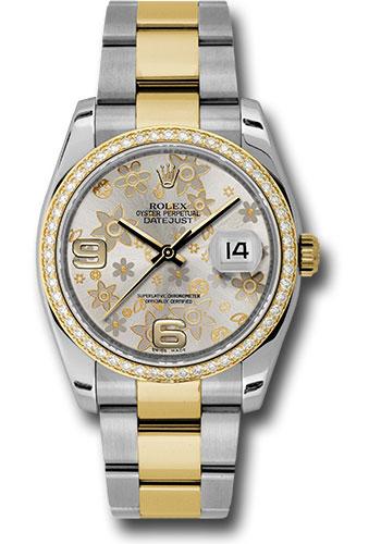 Rolex Datejust 116243 Steel and Yellow Gold Rolesor 36 52 Diamond Bezel - Silver Floral Arabic Dial - Oyster Bracelet - sfao