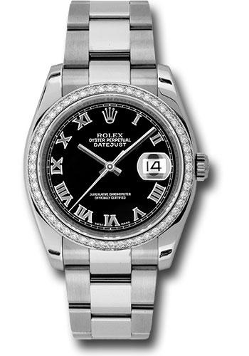 Rolex Datejust 116244 Steel and White Gold 36 52 Diamond Bezel - Black Roman Dial - Oyster Bracelet - bkro
