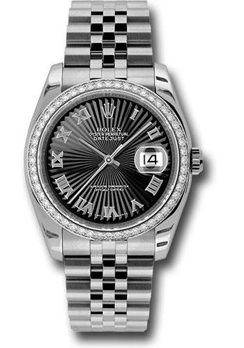 Rolex Datejust 116244 Steel and White Gold 36 52 Diamond Bezel - Black Sunbeam Roman Dial - Jubilee Bracelet - bksbrj