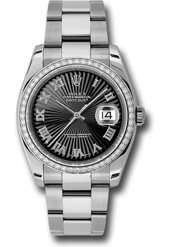 Rolex Datejust 116244 Steel and White Gold 36 52 Diamond Bezel - Black Sunbeam Roman Dial - Oyster Bracelet - bksbro