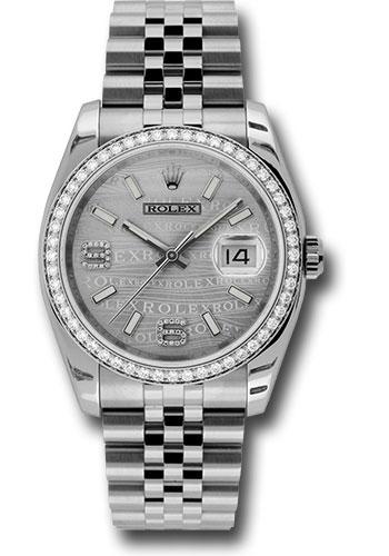 Rolex Datejust 116244 Steel and White Gold 36 52 Diamond Bezel - Silver Wave Diamond 6 And 9 Arabic Dial - Jubilee Bracelet - swdaj