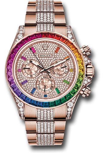 Rolex Cosmograph Daytona 116595RBOW Everose 40 36 Baguette-Cut Sapphires In Rainbow Graduation Bezel - Diamond Paved Rainbow Sapphire Dial - Diamond Bracelet - dpgcs