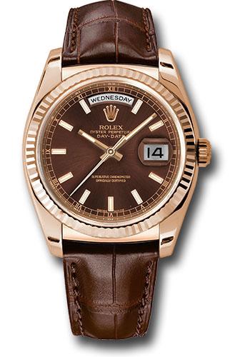 Rolex Day-Date 118135 Everose Gold 36 Fluted Bezel - Chocolate Index Dial - Brown Leather - chl