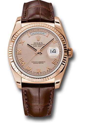 Rolex Day-Date 118135 Everose Gold 36 Fluted Bezel - Pink Roman Dial - Brown Leather - prl