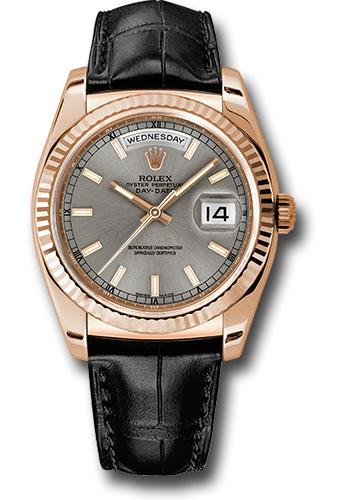 Rolex Day-Date 118135 Everose Gold 36 Fluted Bezel - Rhodium Index Dial - Black Leather - rhl Main image