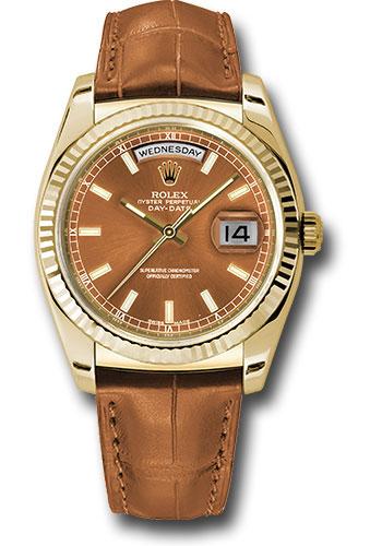 Rolex Day-Date 118138 Yellow Gold 36 Fluted Bezel - Cognac Index Dial - Cognac Leather - col Main image