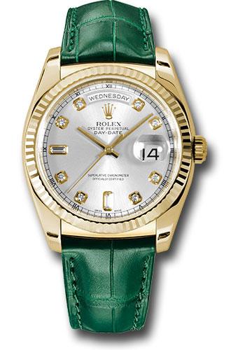Rolex Day-Date 118138 Yellow Gold 36 Fluted Bezel - Silver Diamond Dial - Green Leather - sdl