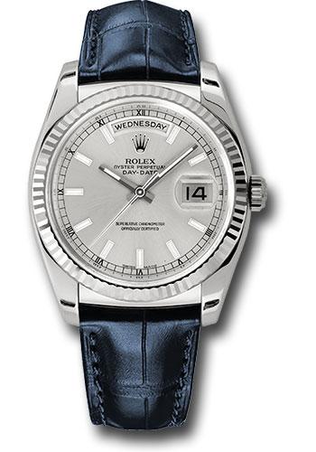 Rolex Day-Date 118139 White Gold 36 Fluted Bezel - Silver Index Dial - Blue Leather - sibl