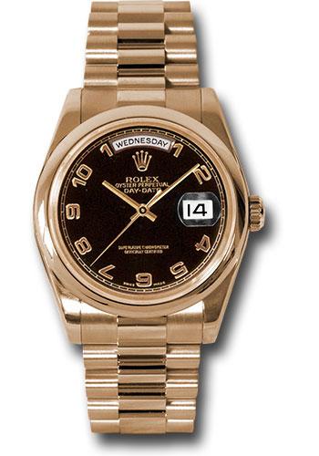 Rolex Day-Date 118205 Pink Gold 36 Domed Bezel - Black Arabic Dial - President Bracelet - bkap