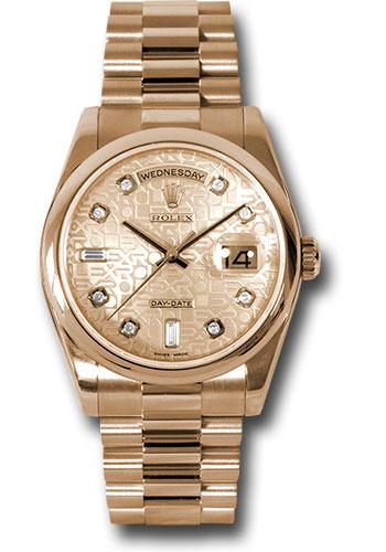 Rolex Day-Date 118205 Pink Gold 36 Domed Bezel - Pink Champagne Jubilee Diamond Dial - President Bracelet - chjdp