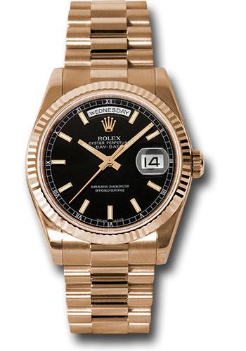 Rolex Day-Date 118235 Pink Gold 36 Fluted Bezel - Black Index Dial - President Bracelet - bksp
