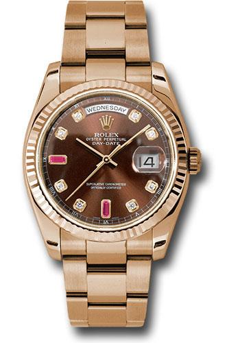 Rolex Day-Date 118235 Everose Gold 36 Fluted Bezel - Chocolate Diamond And Ruby Dial - Oyster Bracelet - chodro