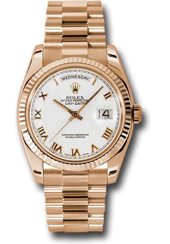 Rolex Day-Date 118235 Pink Gold 36 Fluted Bezel - White Roman Dial - President Bracelet - wrp