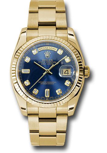 Rolex Day-Date 118238 Yellow Gold 36 Fluted Bezel - Blue Diamond Dial - Oyster Bracelet - bdo