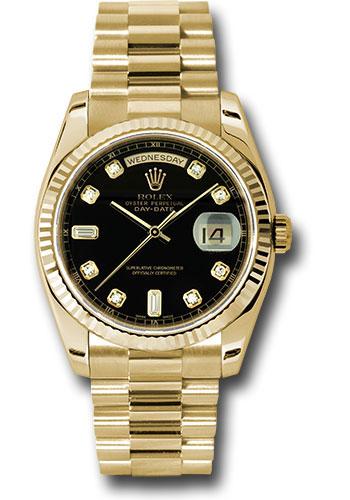 Rolex Day-Date 118238 Yellow Gold 36 Fluted Bezel - Black Diamond Dial - President Bracelet - bkdp