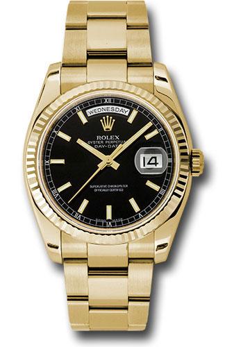 Rolex Day-Date 118238 Yellow Gold 36 Fluted Bezel - Black Index Dial - Oyster Bracelet - bkso
