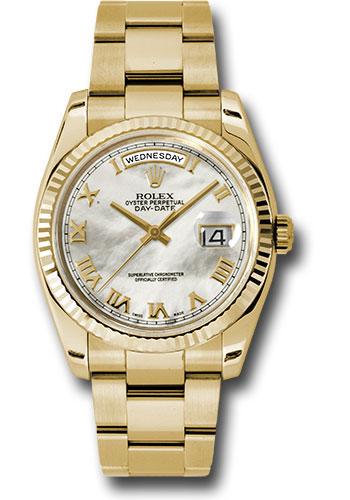 Rolex Day-Date 118238 Yellow Gold 36 Fluted Bezel - Mother-Of-Pearl Roman Dial - Oyster Bracelet - mro