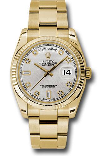 Rolex Day-Date 118238 Yellow Gold 36 Fluted Bezel - Silver Diamond Dial - Oyster Bracelet - sdo