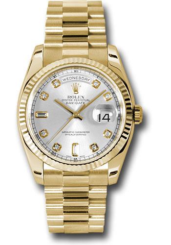 Rolex Day-Date 118238 Yellow Gold 36 Fluted Bezel - Silver Diamond Dial - President Bracelet - sdp Main image