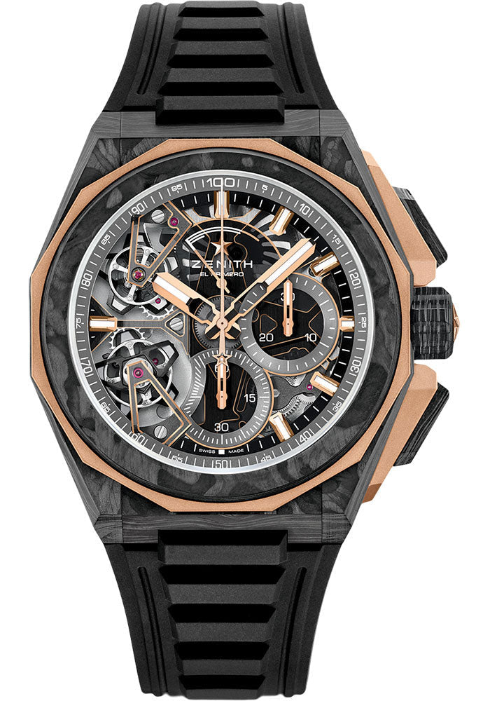 Zenith 12.9100.9020/78.I200 Defy Extreme Double Tourbillon 45mm Carbon And Gold Case - Openworked Dial - Black Rubber Strap Main image