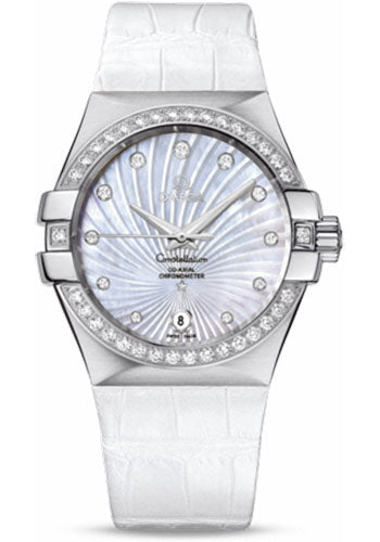 Omega Constellation 123.18.35.20.55.001 Ladies Chronometer 35mm Brushed Steel Case - Diamond Bezel - Mother-Of-Pearl Supernova Diamond Dial - White Leather Strap Main image