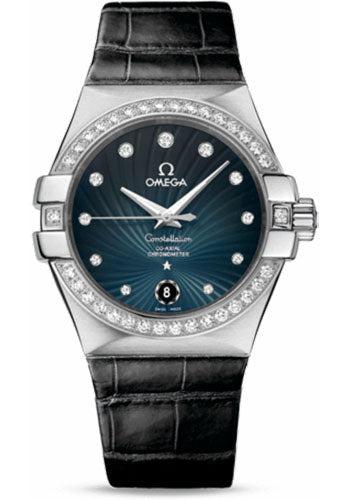 Omega Constellation 123.18.35.20.56.001 Ladies Chronometer 35mm Brushed Steel Case - Diamond Bezel - Blue Diamond Dial - Black Leather Strap